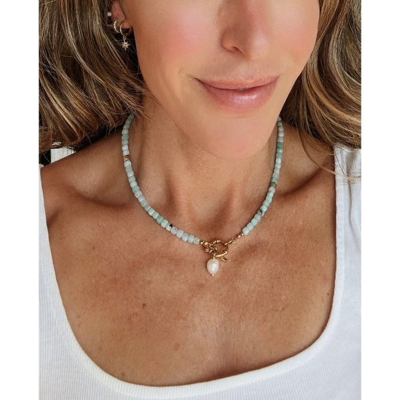 Turquoise Amazonite Gemstone Necklace Gold Toggle Clasp Removable Baroque Pearl - Picture 7 of 12